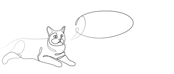 Linear drawing of a lying cat with a cloud for text. Outline drawing of a domestic cat. Banner for advertising a pet store