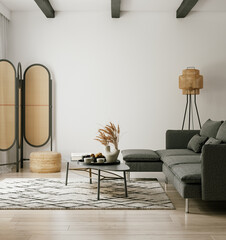 Stylish interior of living room, wall mockup, 3d render