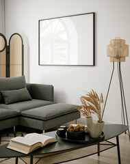 Stylish living room interior with mock up poster frame, 3d render