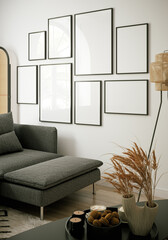 Stylish living room interior with mock up poster frame, 3d render © artjafara