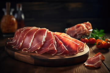 Thin slices of prosciutto, composition with vegetables on wooden cutting board, black background. Delicious bacon. Generative AI professional photo imitation.