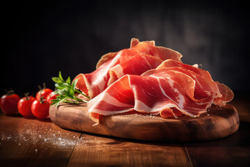 Thin slices of prosciutto, composition with tomatoes on wooden cutting board, black background. Delicious bacon. Generative AI professional photo imitation.