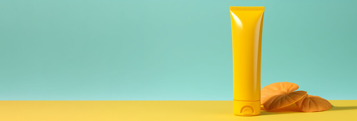 Yellow plastic Sunscreen lotion tube on sandy beach. Generative AI