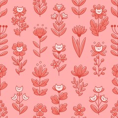 Fantasy flowers with funny cartoon cats, decorative botanical ornament, isolated on pink background. Seamless pattern in Scandinavian stylev
