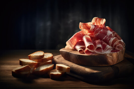 Thin slices of prosciutto, composition with bread on wooden cutting board, black background. Delicious bacon. Generative AI professional photo imitation.