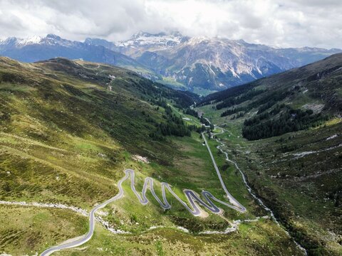 View of the scenic alpine Spluegen Pass, Switzerland. Aerial view 