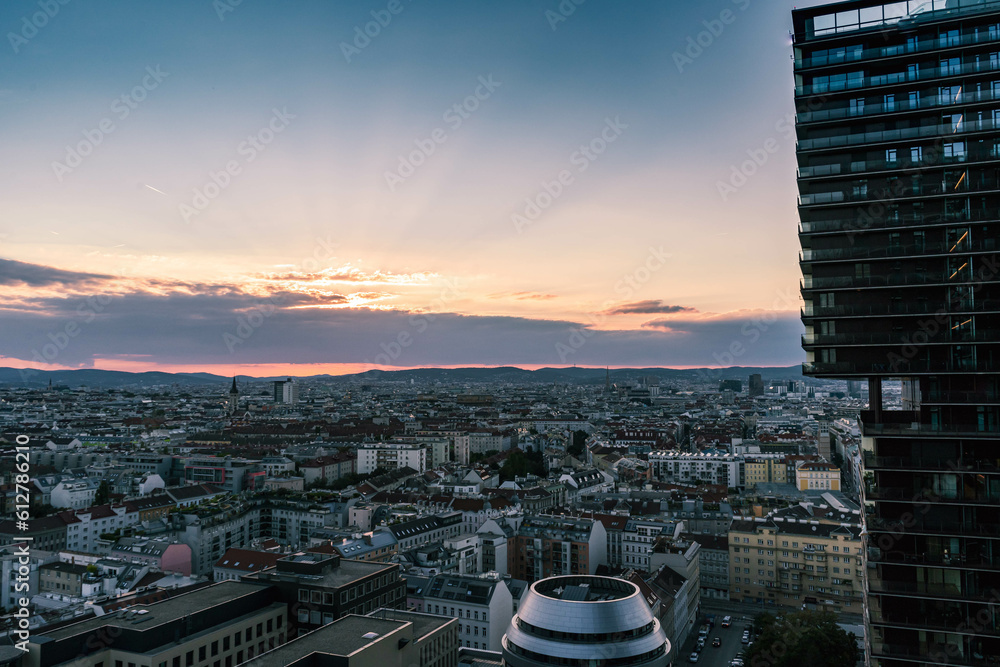 Wall mural aerial view of the city Vienna at sunset