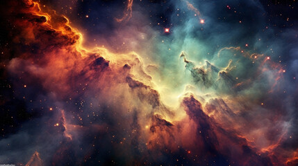 Fototapeta premium A breathtaking image of a vibrant nebula, with swirling clouds of colorful gases and shining stars, illuminating the vastness of the universe Generative AI