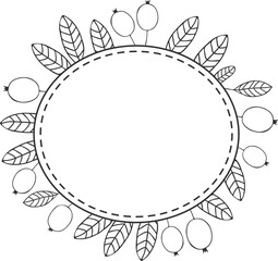 Cranberries rounded frame - berries and leaves, and place for text, sketch illustration black and white silhouette