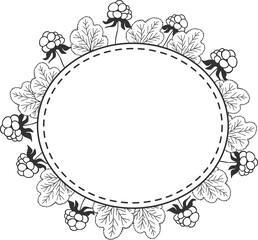 Cloudberry leaves and berries rounded frame, sketch illustration black and white silhouette