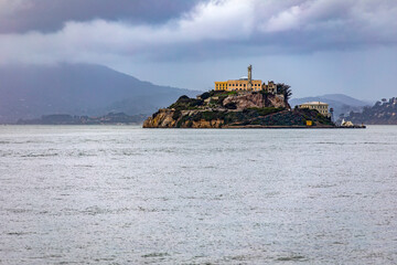 The famous Alcatraz Island with its federal prison in the middle of San Francisco Bay in...
