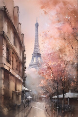 Eifeltower Spring Pink Blush Cherry Blossom City View, Watercolor Painting