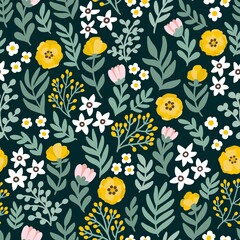 Seamless floral pattern. Textile design with flowers in boho style. Repeatable botanical print. Summer flat illustration on a dark green background