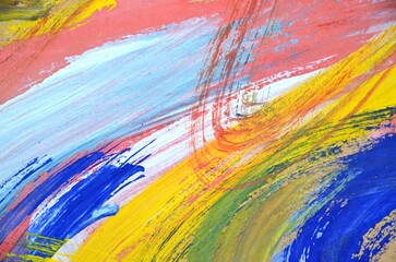 Hand drawn abstract brush strokes of bright acrylic colors, fragment of artwork