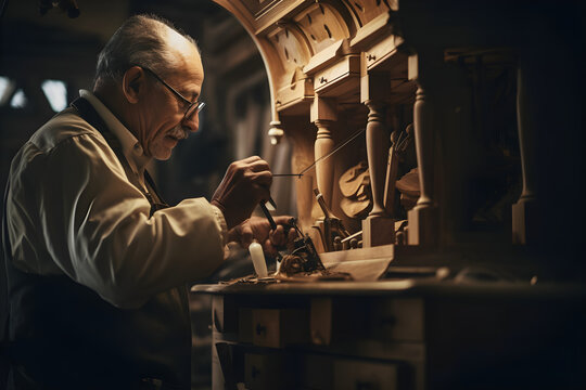 A carpenter crafting intricate furniture pieces with precision and skill. Generative AI