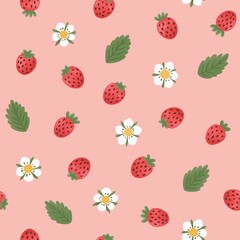 Seamless pattern with strawberry and flowers on a pink background. Repeat print design with berry and leaves for fabric design. Summer floral print