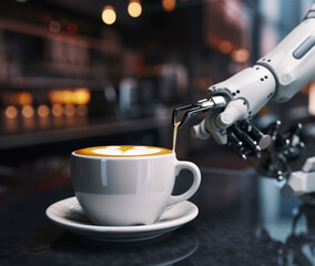 Robot arm serving hot coffee latte in a coffee shop ,Ai Generative