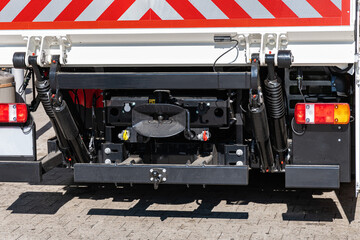 Rear of a large rescue vehicle with various fixtures. Closeup.