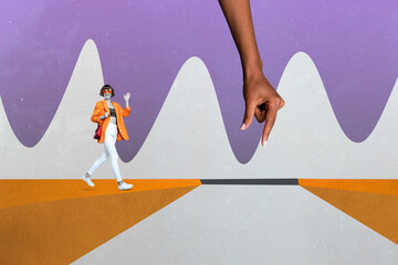 Creative retro 3d magazine collage image of arm making trap tacking away bridge walking lady...