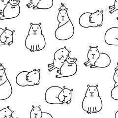 Seamless pattern of cute capybaras in different poses. Funny animals resting, lying, sitting with bird and with fruit. Hand drawing illustrations isolated on white background