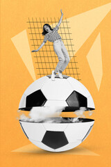 Vertical collage picture of impressed mini black white effect girl stand balancing huge football...