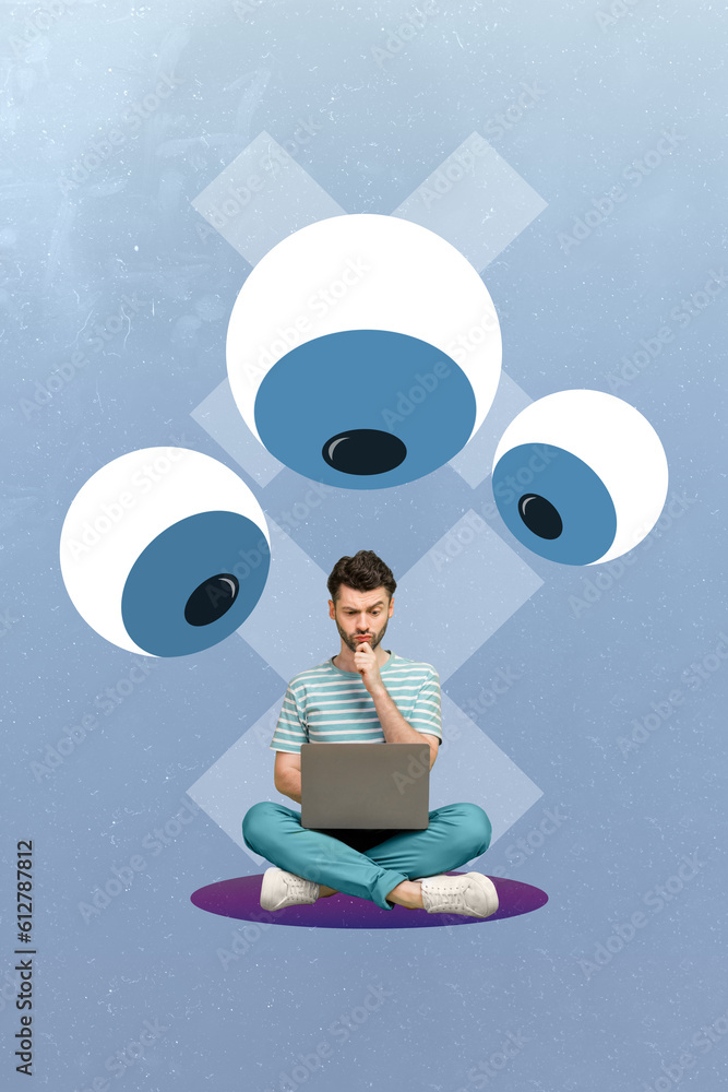 Aufkleber vertical 3d creative artwork collage of young serious programmer cant understand where his data hack