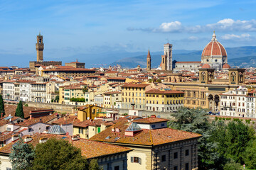 Florence cityscape with Duomo cathedral and Palazzo Vecchio palace over city center, Italy - obrazy, fototapety, plakaty