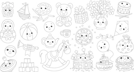 Cute Kawaii baby toys, funny gifts and holiday sweets for little kids, set of black and white outline vector cartoon illustrations
