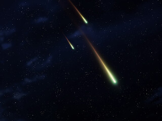 Falling stars in the sky. Bright meteor trails. Three fireballs at night. Meteorites in the atmosphere.
