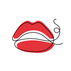 red lips one line isolated on white background