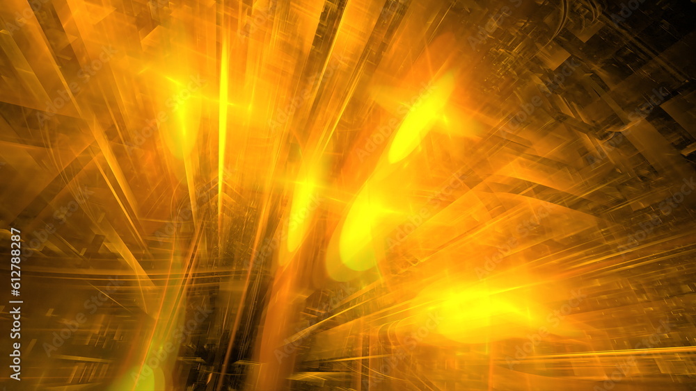 Poster abstract circuits and glow squares, luminous 3d objects, tilt-shift lenses, richly detailed backgrou