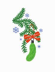 .The Christmas Pickle. Vector holiday card. German folklore.