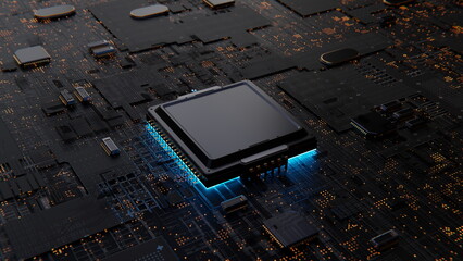 Blue computer electronic chip with blue glow, multiple filter effect, innovative page design, black background, top view, superflat, light cyan and gold. 3d render