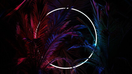 Neon glowing circle ring in palm leaves, tropical dark background. Blue purple yellow green color. Glowing linear volumetric neon round circle. 3d render