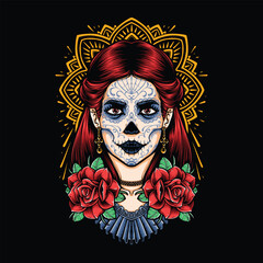 woman sugarskull with roses illustration