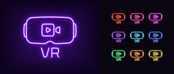 Outline neon VR video icon set. Glowing neon VR glasses with video camera sign, gaming virtual reality. VR headset for movie and series, interactive glasses and helmet with media player