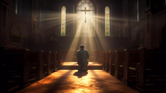 Lonely man kneeling before the altar Generative AI
