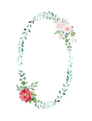 Oval wreath of leaves and flowers. Watercolor flowers wedding frame. Boho style.