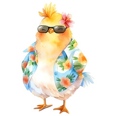 Naklejka premium Chicken with sunglasses, flower and floral shirt watercolor illustration isolated on transparent background - Generative AI