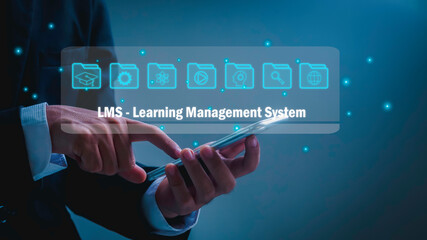 Users enter the system through technology to study Learning Management System Learning Management System concept for lessons and modern online education.