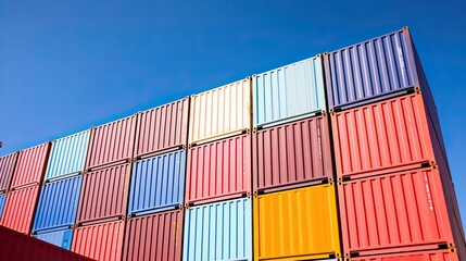 Business Time: Logistics & Delivery with Export & Import Containers Stacked Against a Vibrant Blue Sky. Generative AI