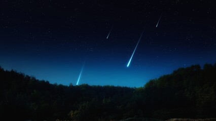 Meteor trails at night over the hills. Bright tails of meteorites in the sky. Landscape with beautiful shooting stars. © Nazarii