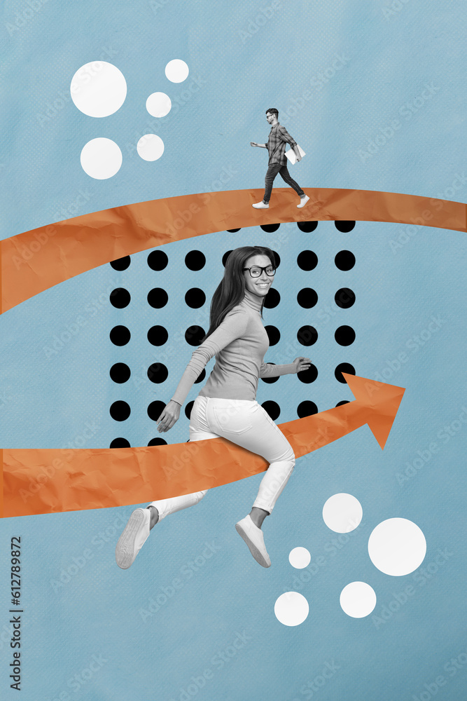 Aufkleber Vertical collage image of two black white effect people walk hold netbook arrow pointer indicator isolated on drawing background