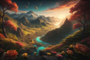 The painting captures the majestic beauty of a mountain landscape adorned with colorful flowers and birds. Perfect for designs that celebrate the wonders of nature and its inhabitants.