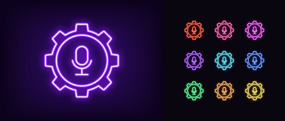 Outline neon mic settings icon set. Glowing neon gear wheel with microphone sign, podcast control. Mic adjustment tool, microphone audio setting, mic voice configuration, sound fix