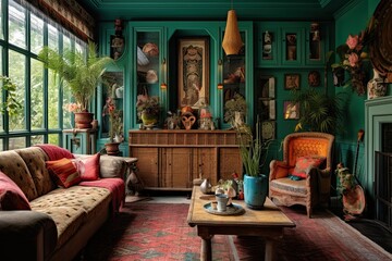 Fototapeta na wymiar Stunning Summer Colour Maximalist Interior Inspirations to Transform Your Home Office Study, Vintage Design Ideas Included: Generative AI