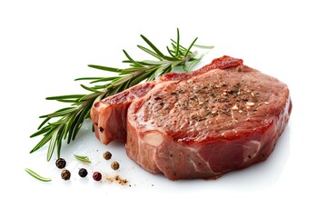 Tasty Meal of Beef Steak and Freshly-Seasoned Pork Meat - Isolated on a White Background with a Sprig of Rosemary: Generative AI