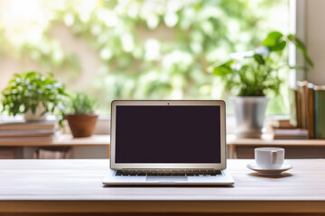 Fototapeta premium laptop in office or home with natural light and plants. comfortable work environment and productivity. generative ai