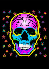 Skull vector neon for fashion design with stars, Mexican fiesta, Day of dead. Vector illustration 