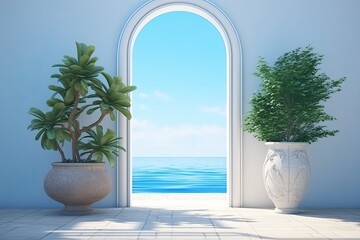 white_doorway_beside_a_blue_planter_by_the_sea